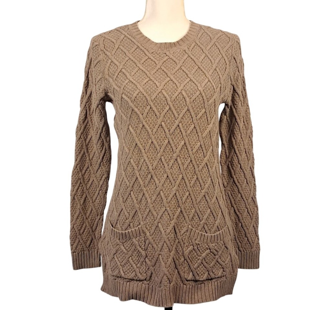 JEANNE PIERRE M Lattice Cable Knit Cotton Brown Sweater Tunic‎ Pockets Cottage